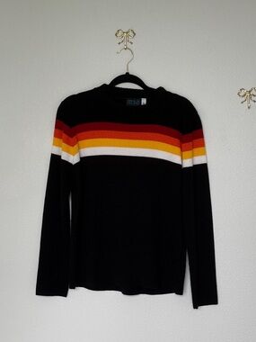 Vintage Men's Black Crewneck Sweater with Red, Orange, Yellow & White Stripes